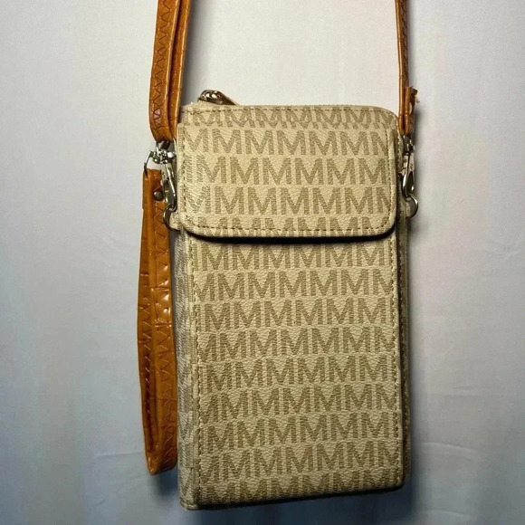 MKF Collection Phone Wallet Crossbody Bag Tan “M” Logo Faux Leather EUC - Picture 5 of 16